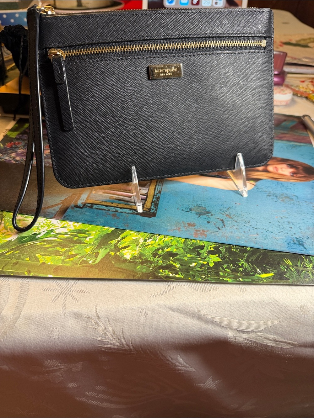 kate spade Black Saffiano Leather Wristlet with Gold Hardware